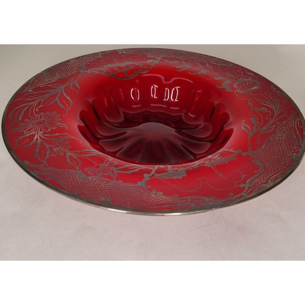 Rare Ruby Red Art Glass Bowl Silver Inlays Look at pictures, read description